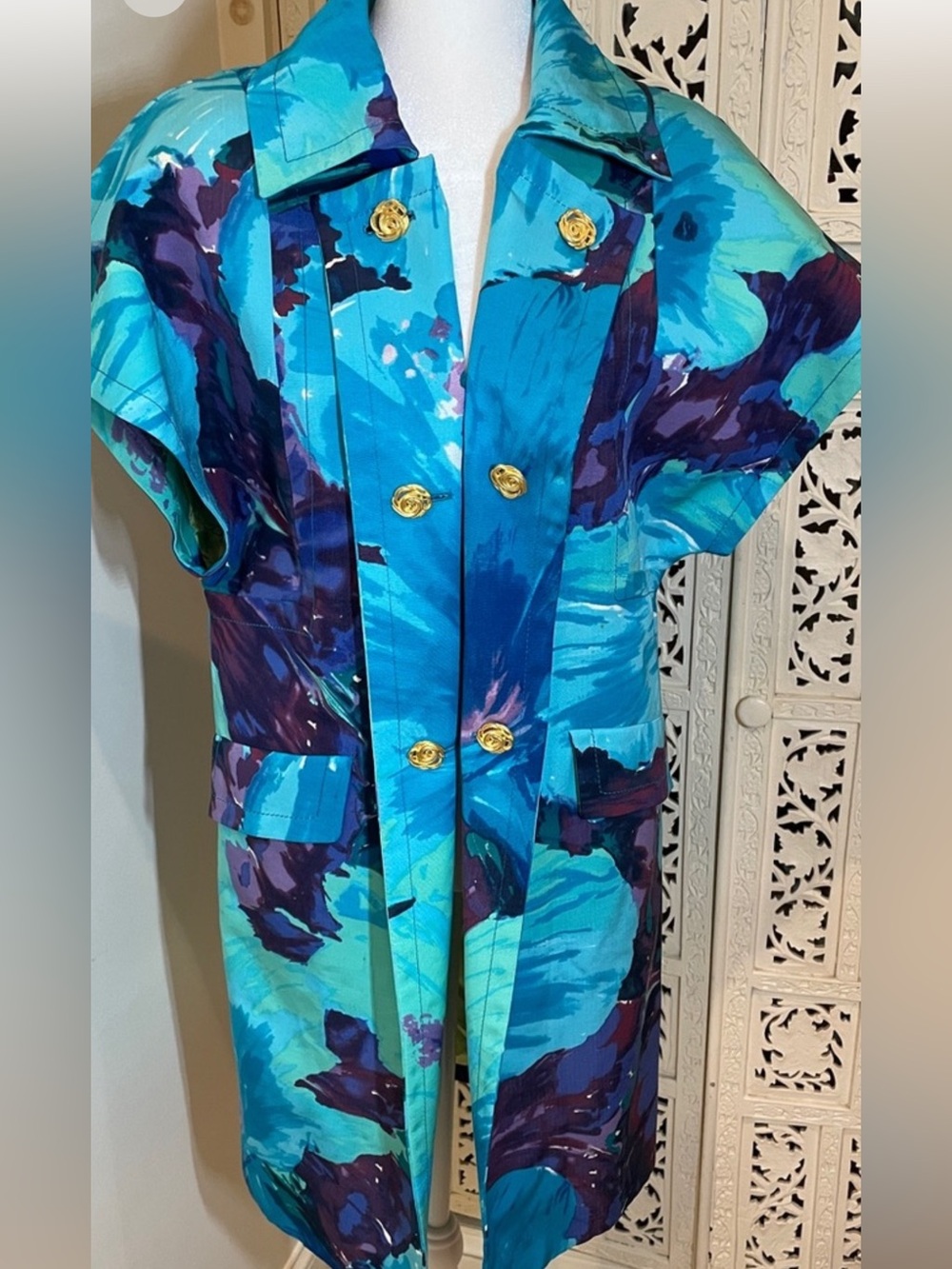 Vintage Blumarine Turquoise Blue Floral No Sleeves Jacket with Gold Accent